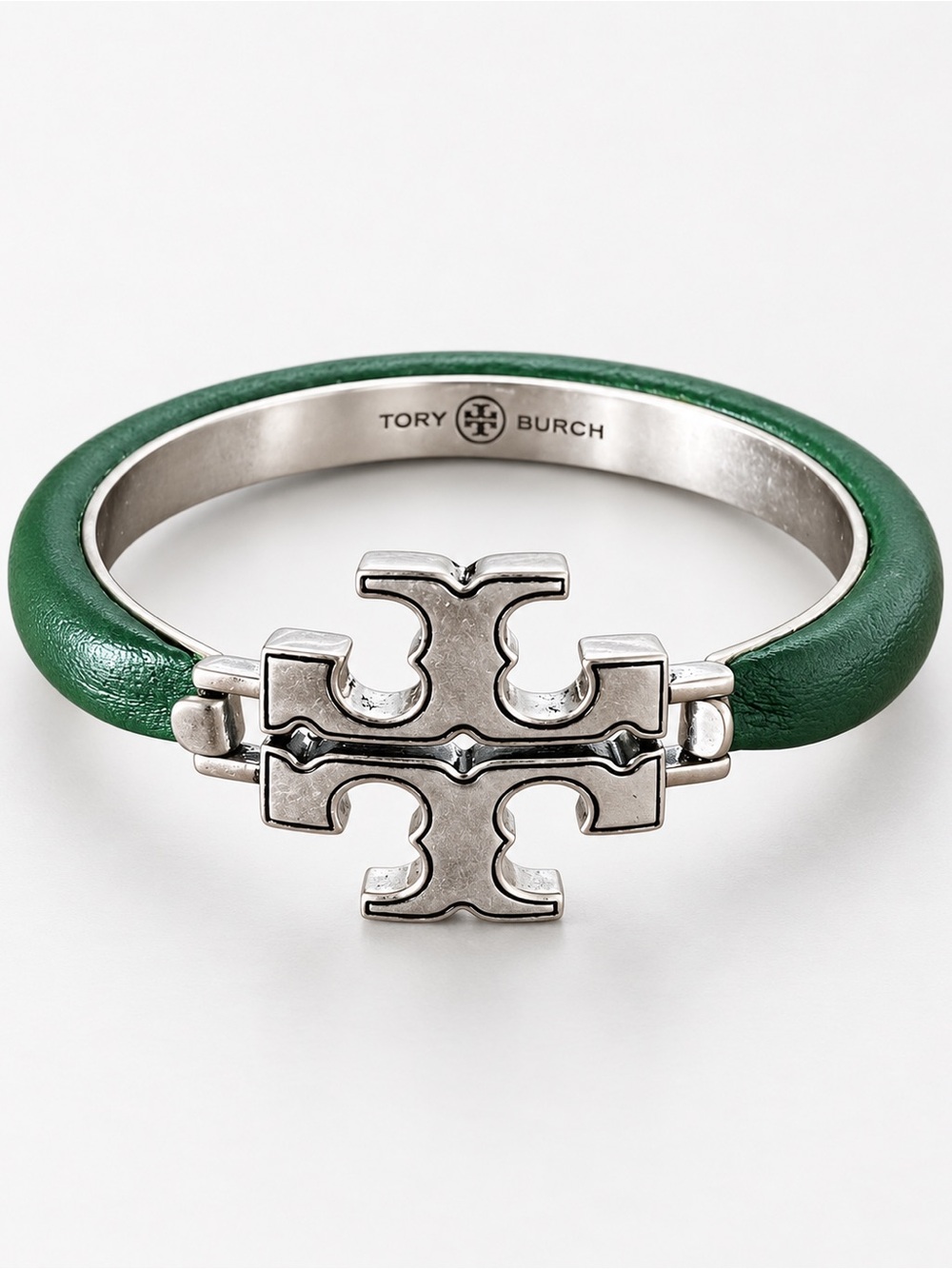Tory Burch Green Leather Logo Hinge Bracelet with Silver-Tone Emblem